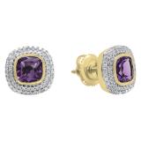 18K Yellow Gold 5 MM Cushion Amethyst & Round Diamond Ladies Stud Earrings