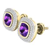 18K Yellow Gold 5 MM Cushion Amethyst & Round Diamond Ladies Stud Earrings