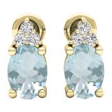 18K Yellow Gold 7X5 MM Oval Aquamarine & Round Diamond Ladies Stud Earrings