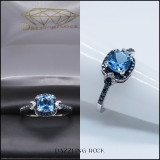 14K White Gold 6 MM Cushion Blue Topaz & Round Blue & White Diamond Ladies Engagement Ring
