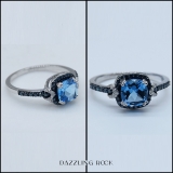 14K White Gold 6 MM Cushion Blue Topaz & Round Blue & White Diamond Ladies Engagement Ring