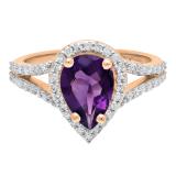 18K Rose Gold 10X7 MM Pear Amethyst And Round Diamond Ladies Split Shank Engagement Ring