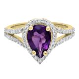 18K Yellow Gold 10X7 MM Pear Amethyst And Round Diamond Ladies Split Shank Engagement Ring