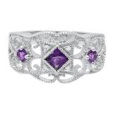 Sterling Silver Round & Princess Amethyst & Round Diamond Ladies Engagement Ring