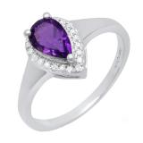18K White Gold 8X5 MM Pear Amethyst & Round White Diamond Ladies Bridal Engagement Ring