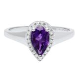 18K White Gold 8X5 MM Pear Amethyst & Round White Diamond Ladies Bridal Engagement Ring