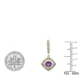 10K Yellow Gold 6 MM Cushion Amethyst & Round Diamond Ladies Dangling Drop Earrings