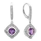 14K White Gold 6 MM Cushion Amethyst & Round Diamond Ladies Dangling Drop Earrings