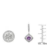 14K White Gold 6 MM Cushion Amethyst & Round Diamond Ladies Dangling Drop Earrings