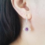 14K White Gold 6 MM Cushion Amethyst & Round Diamond Ladies Dangling Drop Earrings