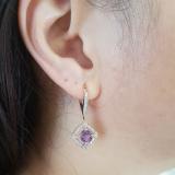 14K White Gold 6 MM Cushion Amethyst & Round Diamond Ladies Dangling Drop Earrings