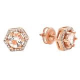 18K Rose Gold 5 MM Round Morganite & Diamond Ladies Fashion Hexagon Stud Earrings