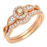 0.60 Carat (ctw) 10K Rose Gold Round Champagne & White Diamond Ladies Vintage Engagement Ring Set