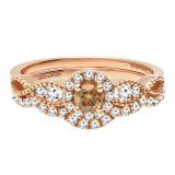 0.60 Carat (ctw) 10K Rose Gold Round Champagne & White Diamond Ladies Vintage Engagement Ring Set