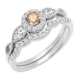 0.60 Carat (ctw) 14K White Gold Round Champagne & White Diamond Ladies Vintage Engagement Ring Set