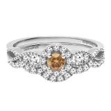 0.60 Carat (ctw) 14K White Gold Round Champagne & White Diamond Ladies Vintage Engagement Ring Set