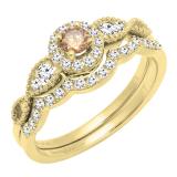 0.60 Carat (ctw) 14K Yellow Gold Round Champagne & White Diamond Ladies Vintage Engagement Ring Set