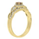 0.60 Carat (ctw) 14K Yellow Gold Round Champagne & White Diamond Ladies Vintage Engagement Ring Set