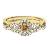 0.60 Carat (ctw) 14K Yellow Gold Round Champagne & White Diamond Ladies Vintage Engagement Ring Set