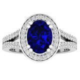14K White Gold 8X6 MM Oval Blue Sapphire & Round Diamond Bridal Split Shank Halo Engagement Ring