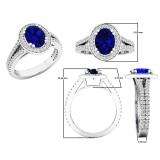 14K White Gold 8X6 MM Oval Blue Sapphire & Round Diamond Bridal Split Shank Halo Engagement Ring