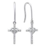 0.15 Carat (ctw) 14K White Gold Round White Diamond Ladies Cross & Heart Drop Earrings