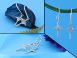 0.15 Carat (ctw) 14K White Gold Round White Diamond Ladies Cross & Heart Drop Earrings