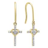 0.15 Carat (ctw) 14K Yellow Gold Round White Diamond Ladies Cross & Heart Drop Earrings
