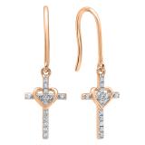 0.15 Carat (ctw) 18K Rose Gold Round White Diamond Ladies Cross & Heart Drop Earrings