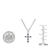 10K White Gold Round Blue Sapphire & White Diamond Ladies Cross Pendant