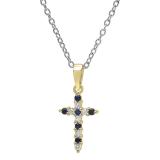 10K Yellow Gold Round Blue Sapphire & White Diamond Ladies Cross Pendant