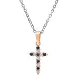 18K Rose Gold Round Blue Sapphire & White Diamond Ladies Cross Pendant