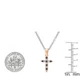18K Rose Gold Round Blue Sapphire & White Diamond Ladies Cross Pendant