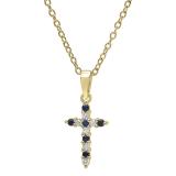 14K Yellow Gold Round Blue Sapphire & White Diamond Ladies Cross Pendant