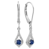 14K White Gold Round Blue Sapphire & White Diamond Ladies Dangling Drop Earrings