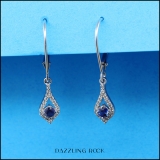 14K White Gold Round Blue Sapphire & White Diamond Ladies Dangling Drop Earrings