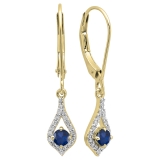 14K Yellow Gold Round Blue Sapphire & White Diamond Ladies Dangling Drop Earrings