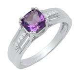 Sterling Silver 6 MM Cushion Amethyst & Round Diamond Ladies Bridal Engagement Ring