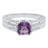 Sterling Silver 6 MM Cushion Amethyst & Round Diamond Ladies Bridal Engagement Ring