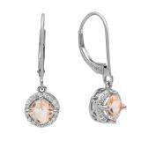 10K White Gold 5 MM Each Cushion Morganite & Round Diamond Ladies Halo Style Dangling Drop Earrings