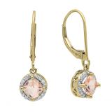 10K Yellow Gold 5 MM Each Cushion Morganite & Round Diamond Ladies Halo Style Dangling Drop Earrings