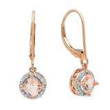 18K Rose Gold 5 MM Each Cushion Morganite & Round Diamond Ladies Halo Style Dangling Drop Earrings