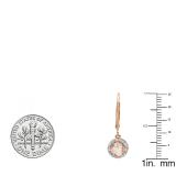 18K Rose Gold 5 MM Each Cushion Morganite & Round Diamond Ladies Halo Style Dangling Drop Earrings