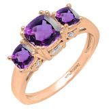 10K Rose Gold 6 MM Cushion Amethyst & Round Diamond Ladies Bridal 3 Stone Engagement Ring