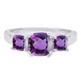 10K White Gold 6 MM Cushion Amethyst & Round Diamond Ladies Bridal 3 Stone Engagement Ring