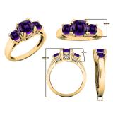 10K Yellow Gold 6 MM Cushion Amethyst & Round Diamond Ladies Bridal 3 Stone Engagement Ring