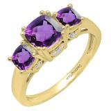 14K Yellow Gold 6 MM Cushion Amethyst & Round Diamond Ladies Bridal 3 Stone Engagement Ring