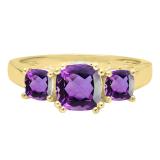 14K Yellow Gold 6 MM Cushion Amethyst & Round Diamond Ladies Bridal 3 Stone Engagement Ring