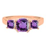 18K Rose Gold 6 MM Cushion Amethyst & Round Diamond Ladies Bridal 3 Stone Engagement Ring