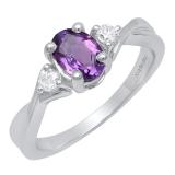 10K White Gold 7X5 MM Oval Amethyst & Round White Diamond Ladies Engagement 3 Stone Ring